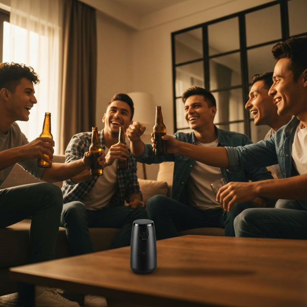 Amigos colombianos con cervezas — destapador automático