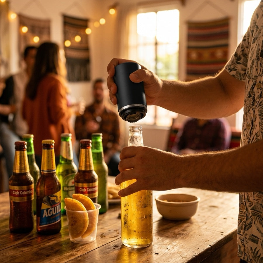 Manos abriendo cerveza con destapador automático